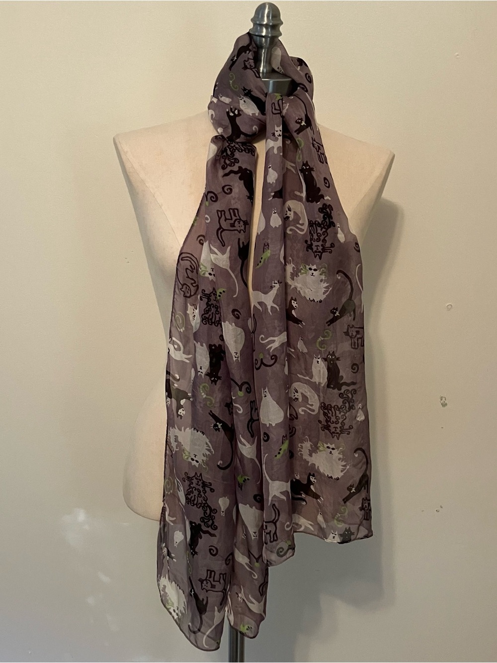 Zazou Cats Gray Rayon Scarf Fringe Boho Cottage 17in X 66in Fall Teacher